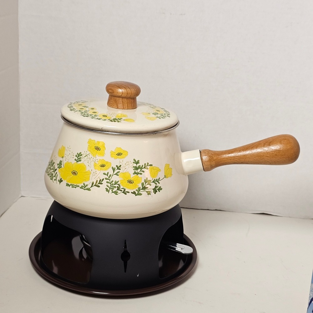 MCM 1970s Enamel Fondue Pot Cottagecore Yellow Floral Poppies Japan Analog